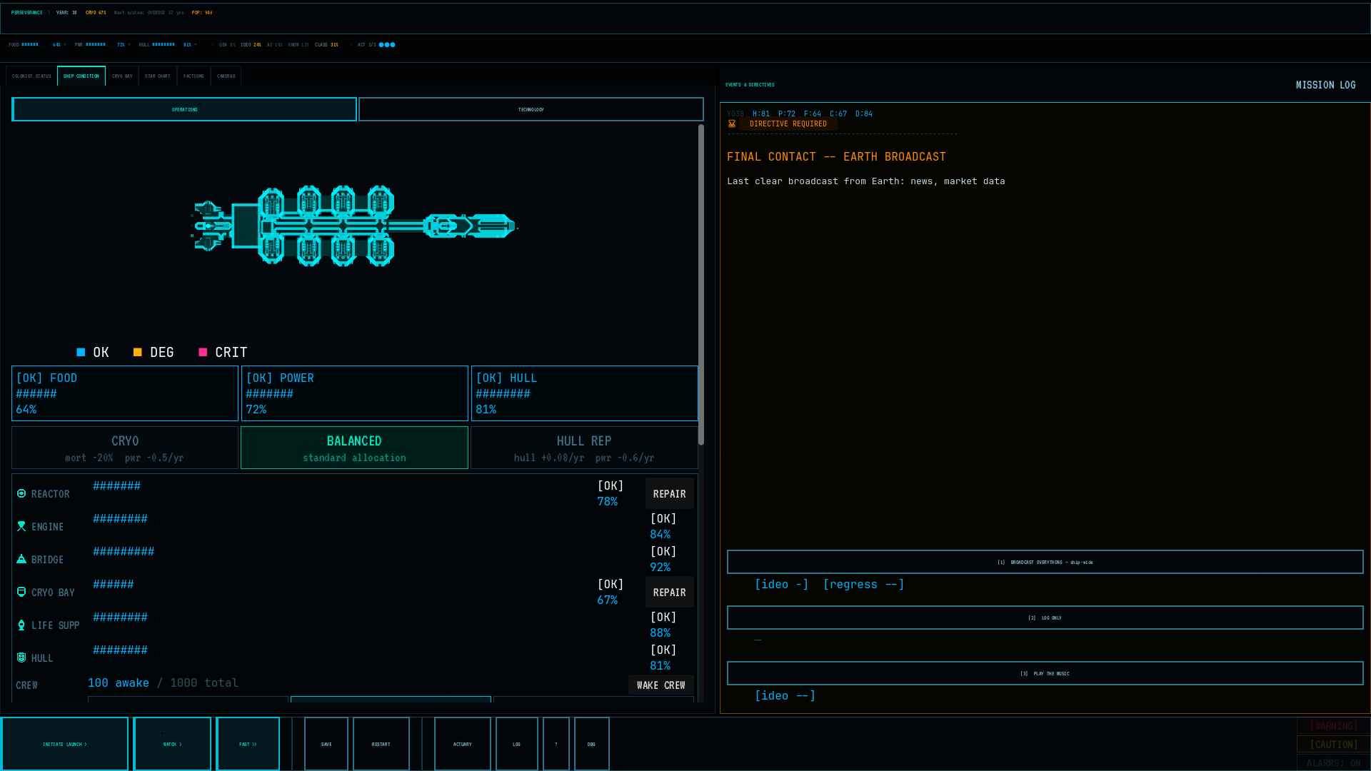 Ship condition screen — the six subsystems hold while the Final Contact decision waits, year 38