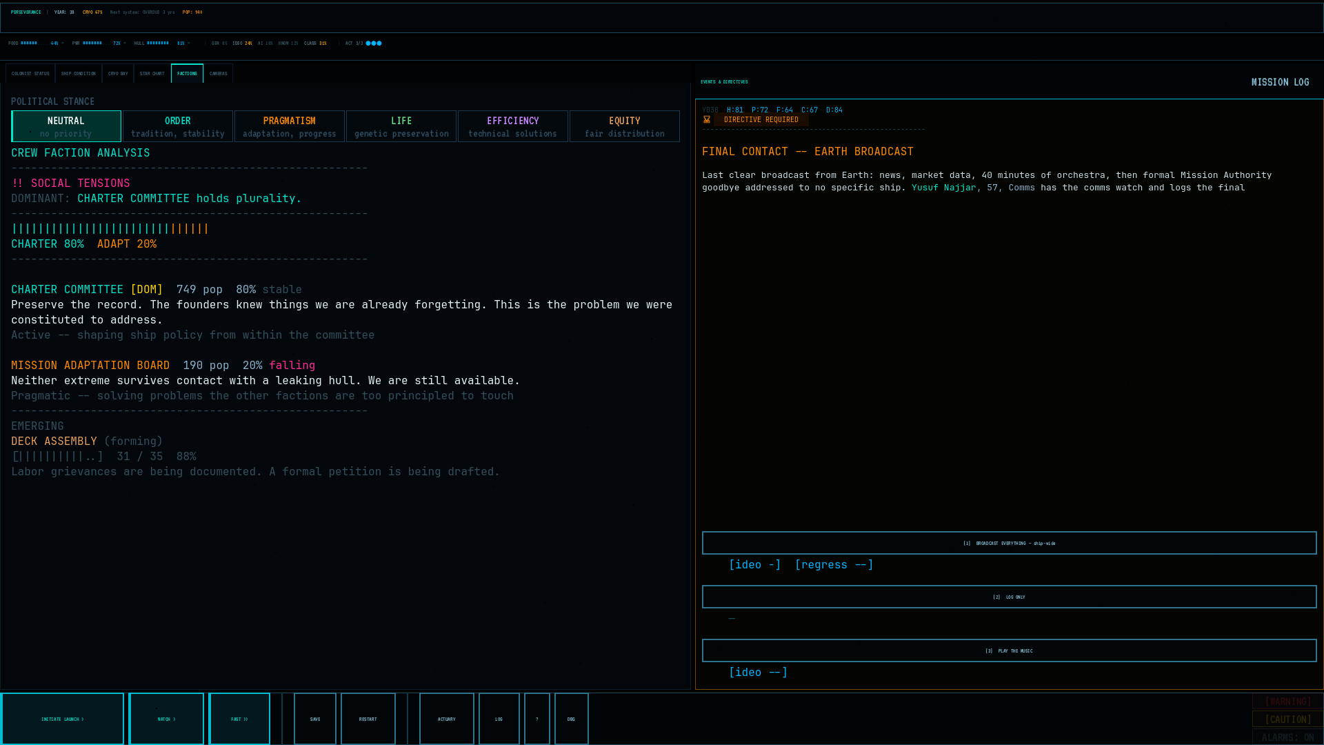 Faction status — five factions contend for the ship, year 38