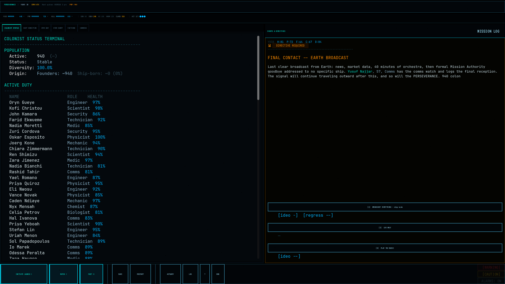 Colonist roster — 940 named colonists tracked individually, year 38