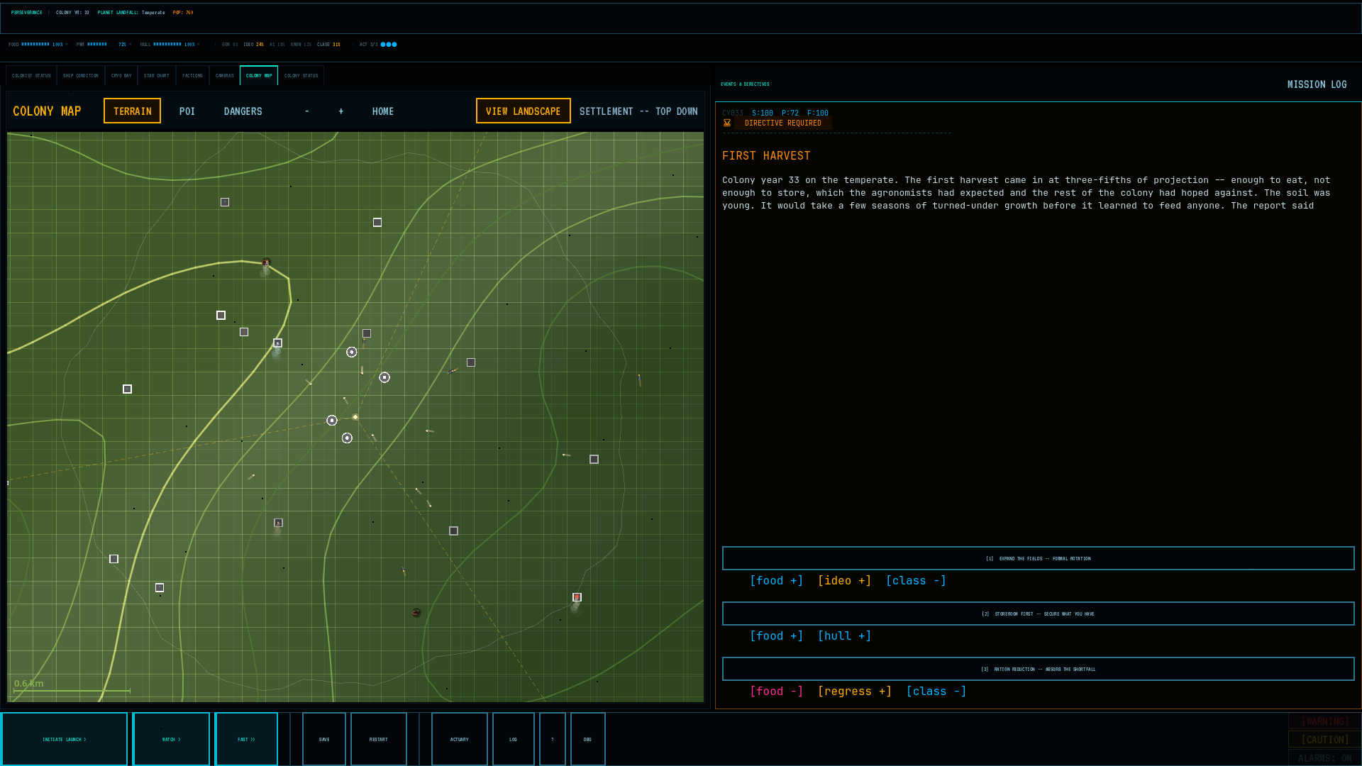 A living colony map of 760 colonists on a temperate world, colony year 33