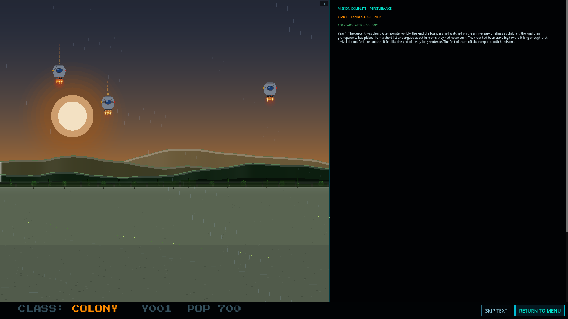 Planetfall — descent pods drop toward a temperate dawn