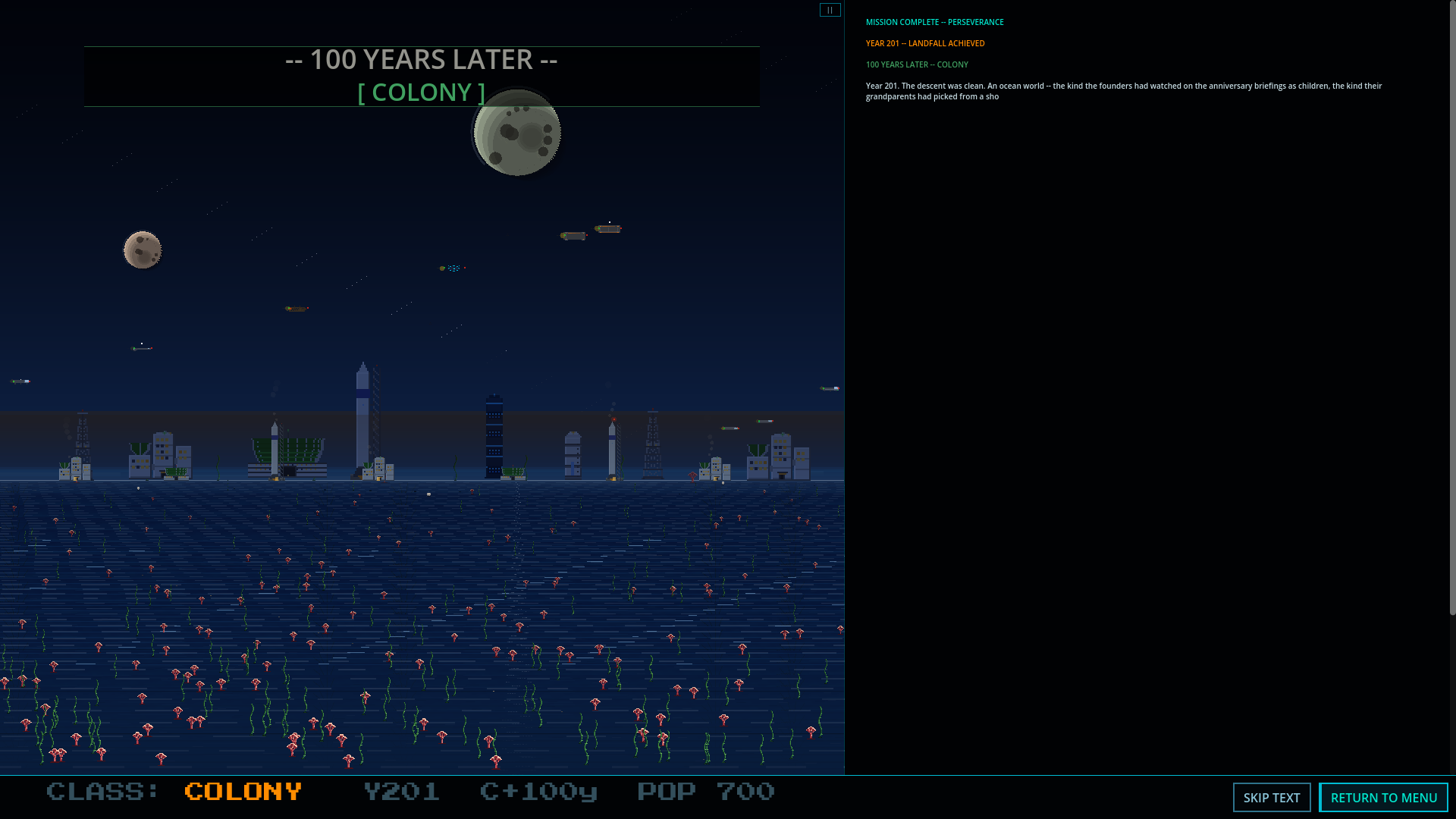 Ending — towers and gardens beside an alien sea