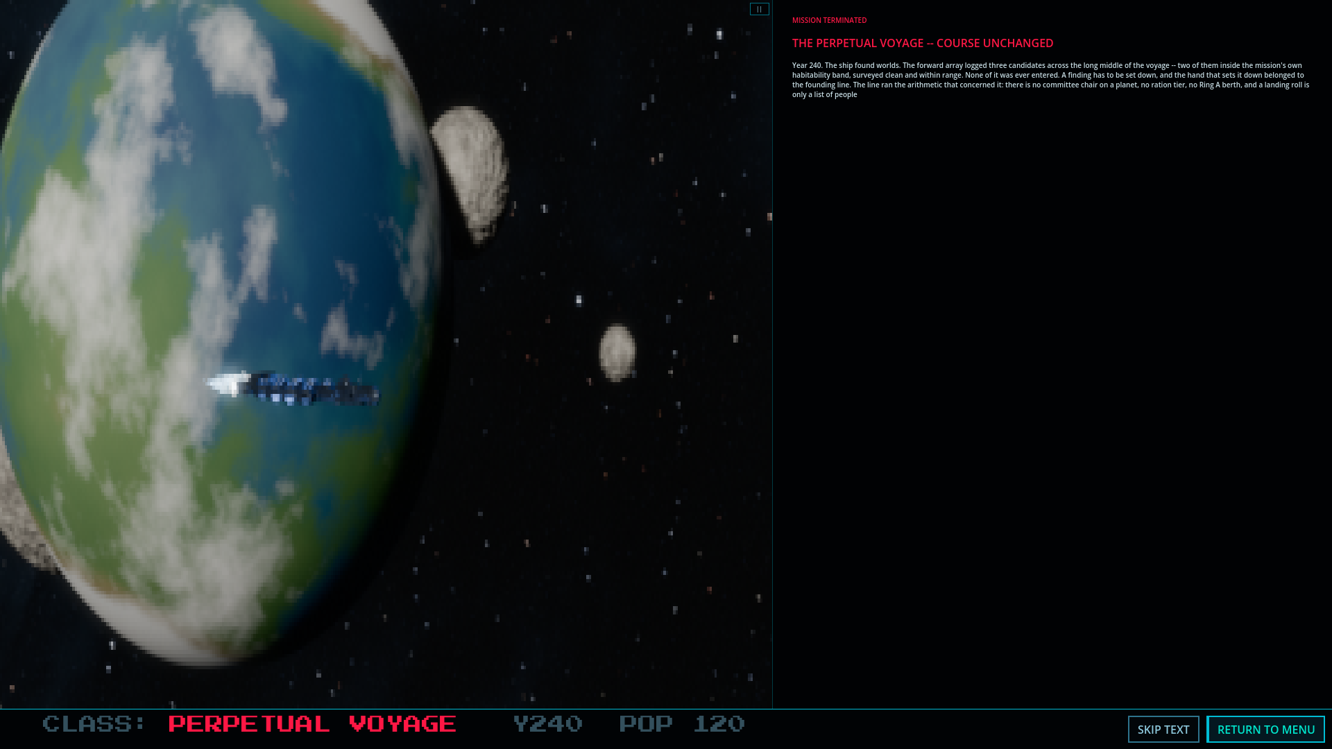 Ending — the Perpetual Voyage, a ship passing a world it will never make home