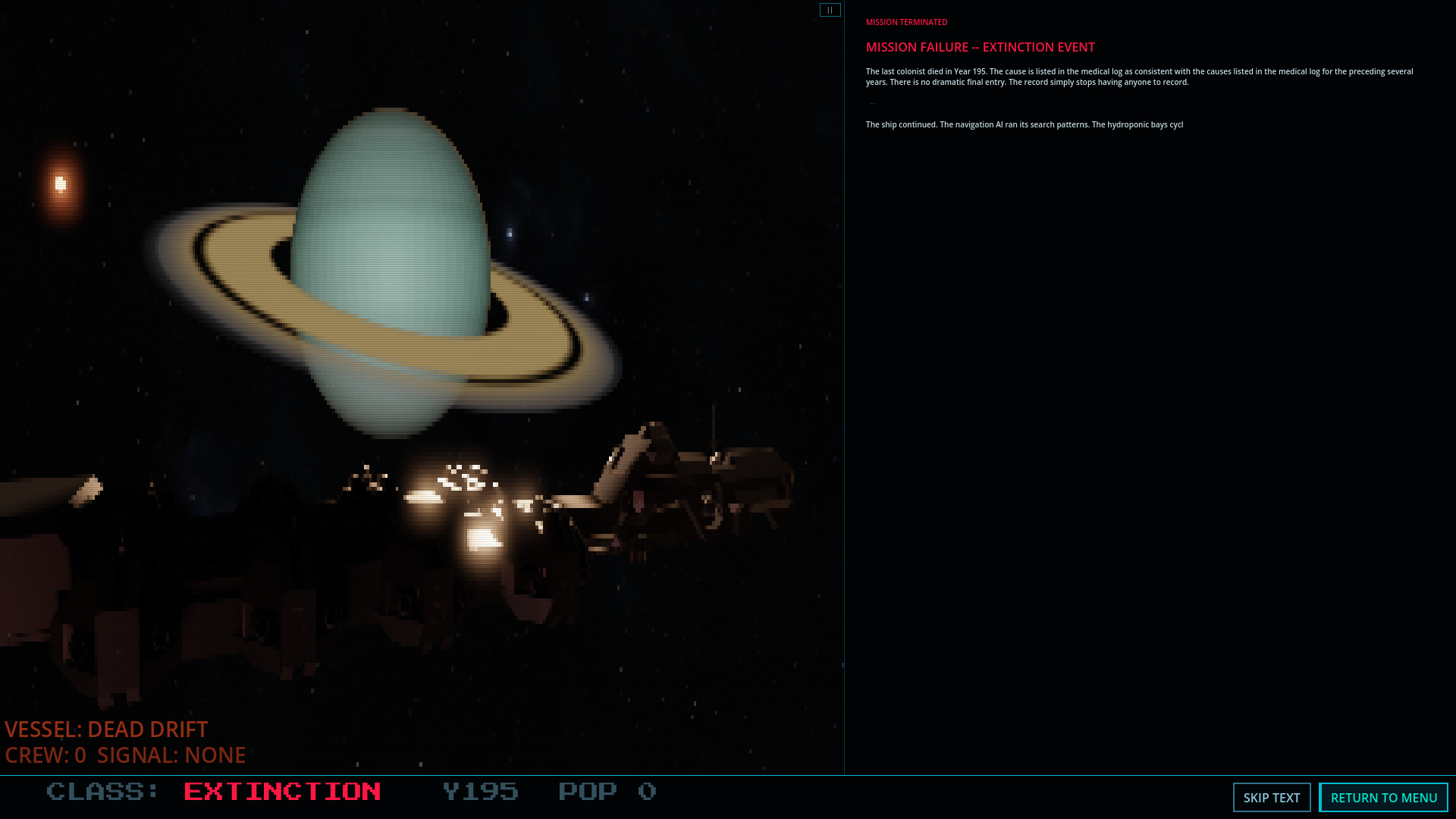 Ending — Dead Drift, the vessel adrift past a ringed giant with crew zero